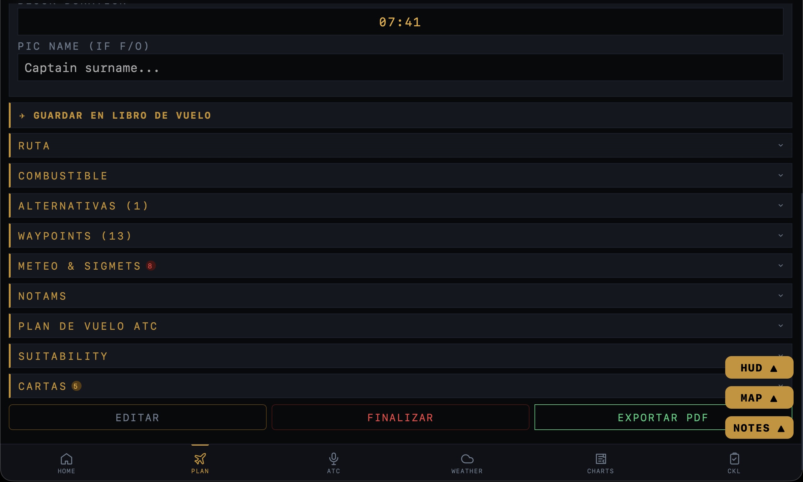 Logbook en modo oscuro